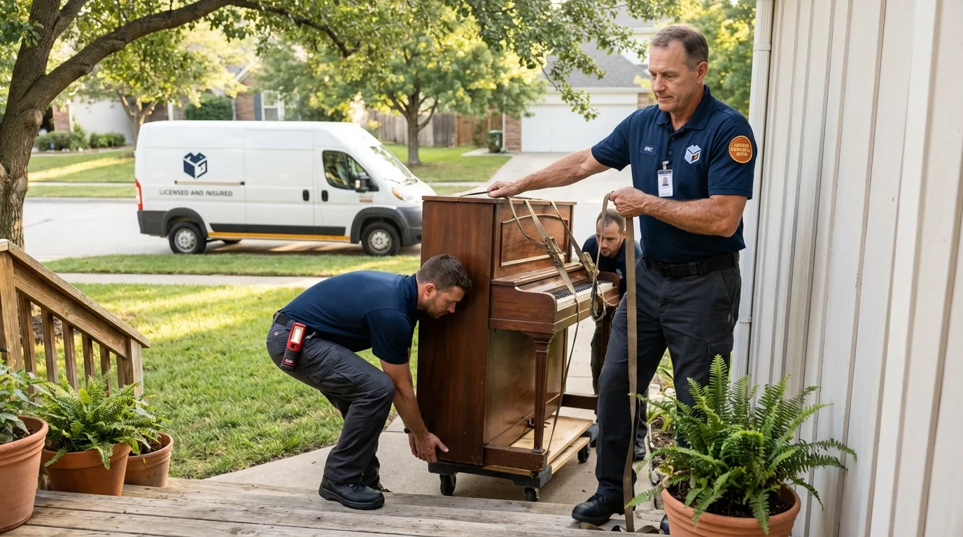Licensed piano movers securing grand piano in New Kensington, PA