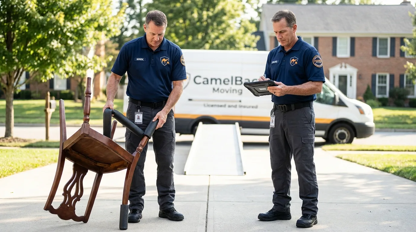 Movers inspecting furniture for damage prevention before loading in New Kensington, PA