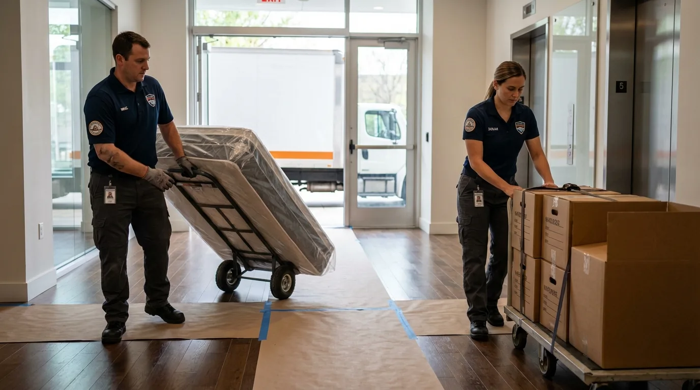 Professional apartment movers loading elevator in New Kensington, PA