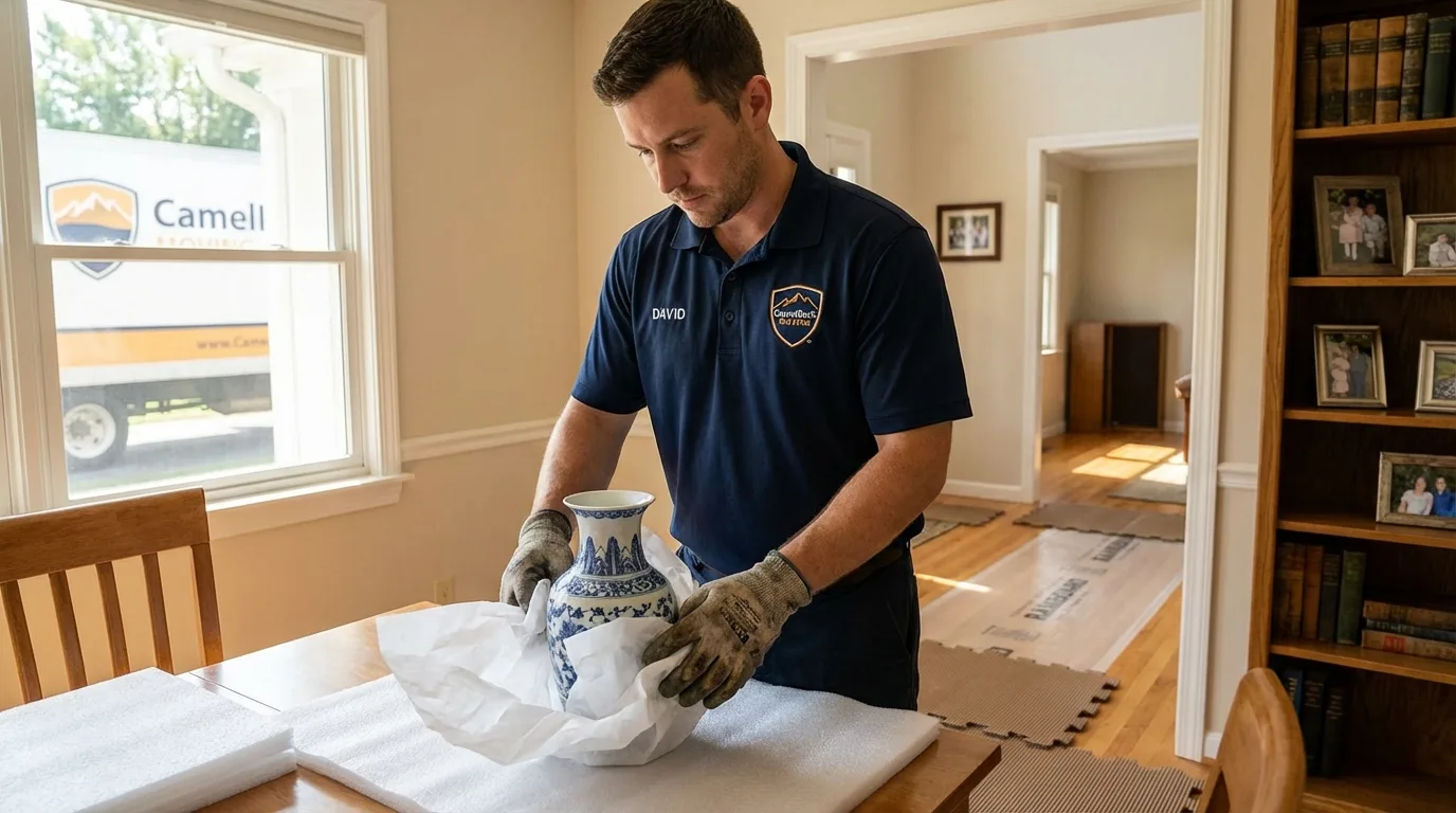 Professional crew carefully wrapping antique vase for senior downsizing move in New Kensington, PA